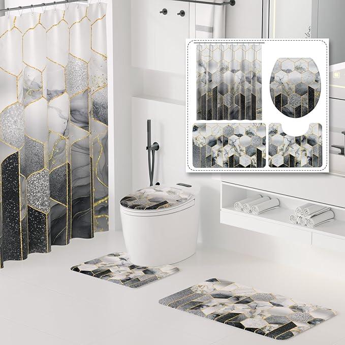 XLHOMO Bathroom Sets with Shower Curtain and Rugs - 4PC Grey Geometric Shower Curtain Set with 12 Hooks, Toilet Cover, U-Shaped Mat and Rugs Modern Abstract Bathroom Accessories for Bathroom - ModernBath