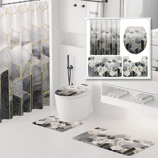 XLHOMO Bathroom Sets with Shower Curtain and Rugs - 4PC Grey Geometric Shower Curtain Set with 12 Hooks, Toilet Cover, U-Shaped Mat and Rugs Modern Abstract Bathroom Accessories for Bathroom - ModernBath