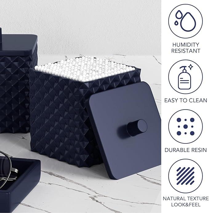 Bathroom Accessories Set Resin 6PCS, Square Toothbrush Holders Set Complete with Soap Dispenser, Vanity Tray, Tumbler, Cups and Cotton Swab Jars (Navy Diamond, Resin Bath 6 PCS) - ModernBath