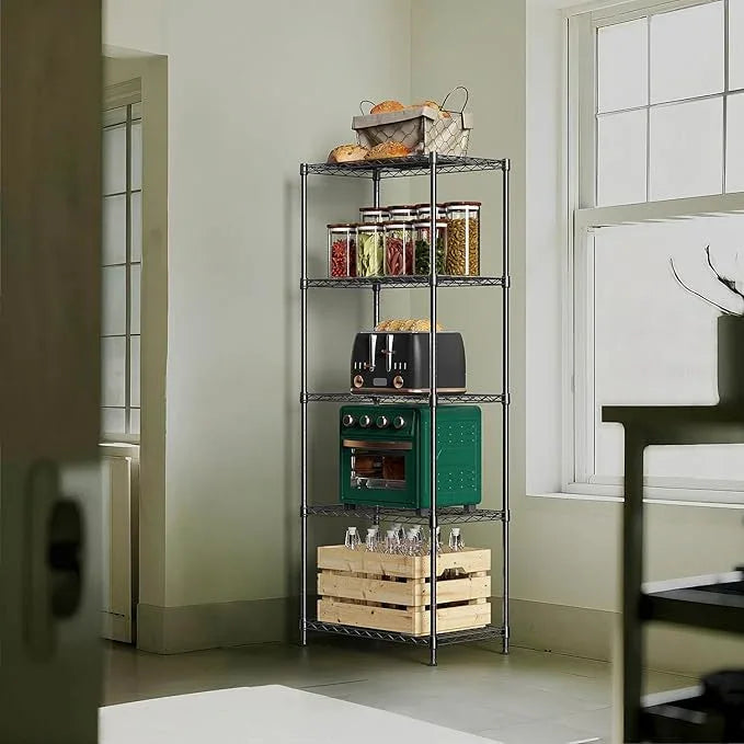 1250 lbs 5 Tier Shelf Metal Storage Shelves Wire Rack Closet Organizers with Wheel for Garage Kitchen Bathroom Laundry Black 13.7" D x 23.6" W x 62.4" H - ModernBath