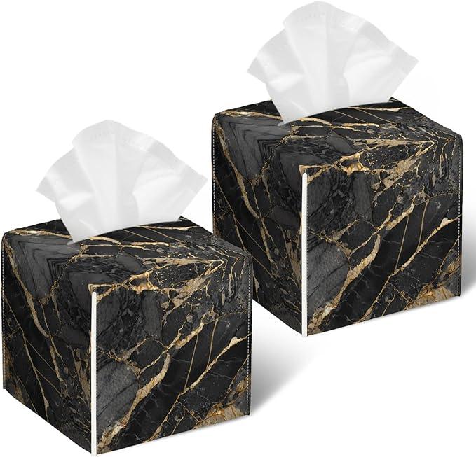 Black Gold Marble Tissue Box Cover 2PCS, Leather Tissue Box Holder Square Facial Paper Case Tissue Box Cube Organizer for Bathroom Bedroom Desk Office - ModernBath