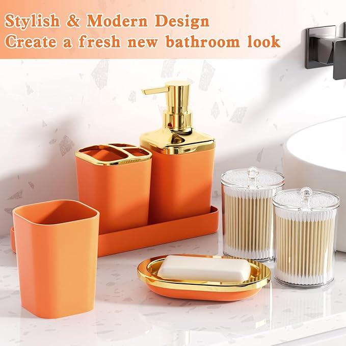 XLHOMO Bathroom Set - Orange and Gold Bathroom Accessories, Bathroom Sets with Shower Curtain and Rugs, Orange Shower Curtain Set with Bathroom Trash Can, Soap Dispenser, Soap Dish for Home Decor - ModernBath