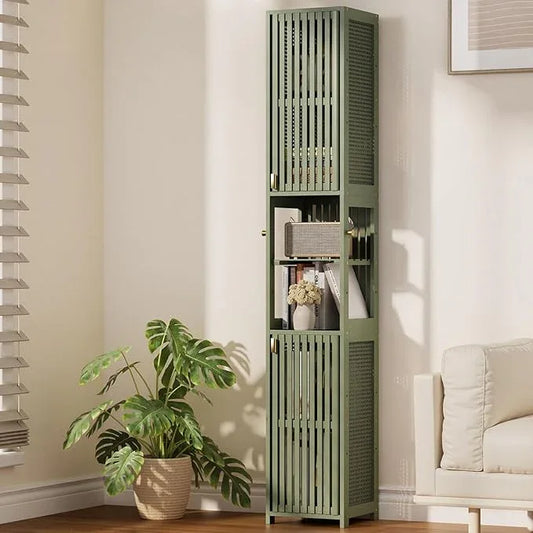 Amazer 70'' Tall Bathroom Storage Cabinet Bamboo, Slim Storage Cabinet with Rattan Door and Adjustable Shelves, Narrow Freestanding Organizer for Living Room Kitchen, Forest Green - ModernBath