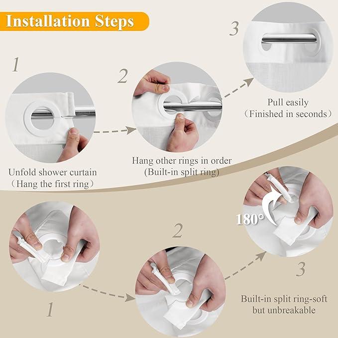Jowels No Hooks Needed Linen Shower Curtain and Liner Set,White Hotel Luxury Decor Shower Curtains for Bathroom with See Through Top Window,Water Resistant Fabric,72Wx72L,White - ModernBath