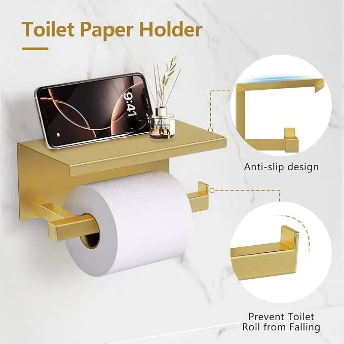 TQKAG 5-Pieces Brushed Gold Bathroom Hardware Accessories Set 23.6" SUS304 Stainless Steel Towel Bar Set Wall Mounted Square Toilet Paper Holder with Shelf - ModernBath