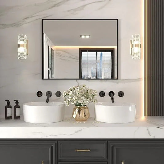 LOAAO 40"X32" Black Rectangle Bathroom Mirror Wall, Matte Black Aluminum Alloy Frame, Tempered Glass, Hangs Vertically or Horizontally, Easy to Install - ModernBath