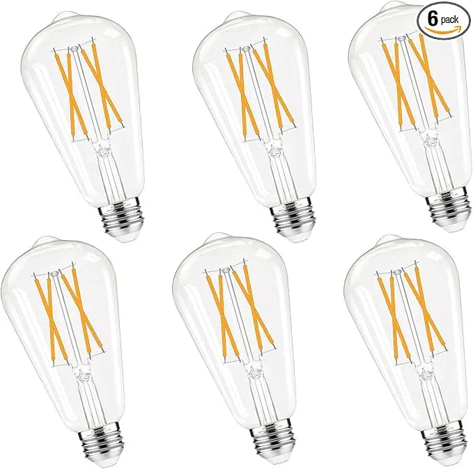 Dimmable Edison Bulbs, 2700K Warm White, 6W Equivalent to 60 watt E26 LED Bulb, ST58 Vintage Light Bulbs, 600LM, 90+ CRI, E26 Base, Clear Glass, 6 Pack - ModernBath