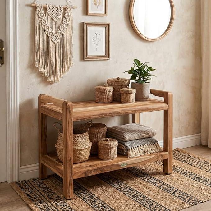EcoDecors Eleganto 24 Inch Natural Color Waterproof Teak Wood Shower Bench Stool Seat Chair For Inside Shower Provides Safety, Storage, and Organization For Bathroom Accessories - ModernBath