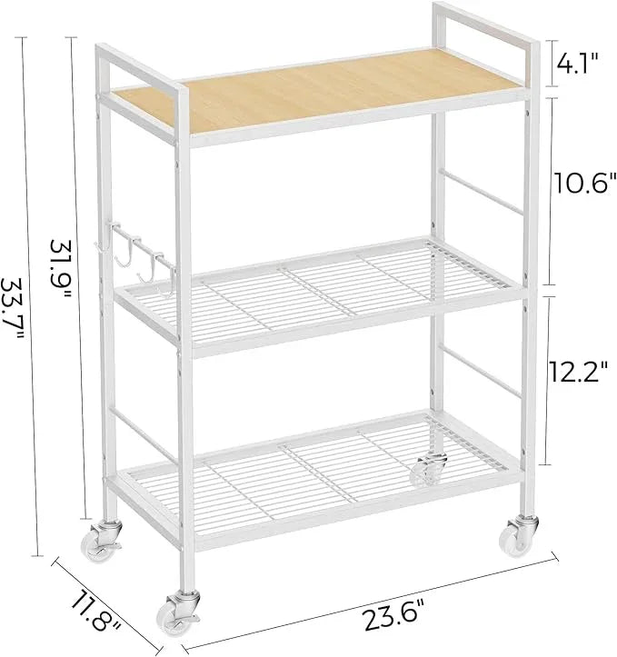 3-Tier Metal Storage Rack with Industrial Wheels,Mesh Shelving Unit with Wooden Table top,Adjustable Shelf,23.6-Inch Width,for Kitchen,Laundry,Pantry,Plant,Oak panel and white frame - ModernBath