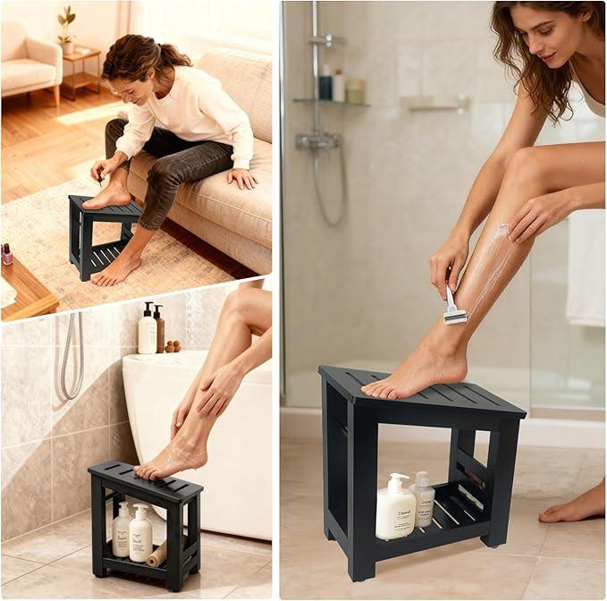 Forest Manor Bamboo Shower Foot Rest Stool for Shaving Legs & Pedicure, Non-Slip Bathroom Foot Step with Storage Pocket, Solid & Water-Resistant,Natural (Black) - ModernBath