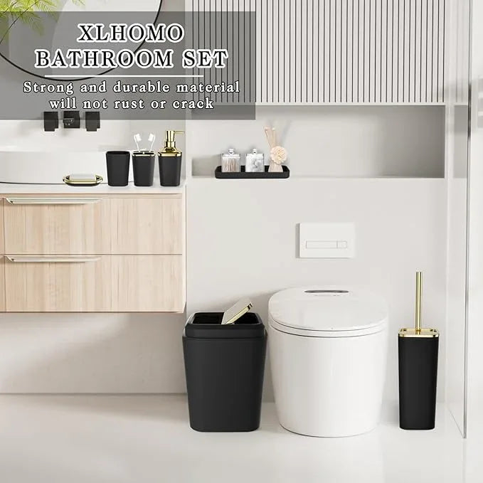 XLHOMO Black Bathroom Accessories Set, Black and Gold Bathroom Accessories with Trash Can, Tray, Soap Dispenser, Soap Dish, Toothbrush Holder, Toothbrush Cup,Toilet Brush and Qtip Holders - ModernBath