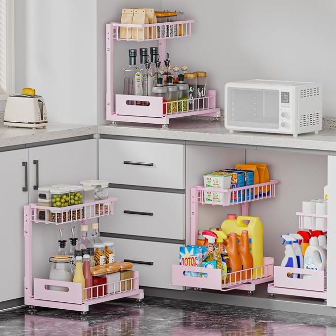 Under Sink Organizer for Kitchen and Bathroom, 2 Pack 2 Tier Pull Out Storage Rack - Height Adjustable Heavy Duty Metal Basket with High Capacity & Safety Stopper, Rustproof for Cleaning Supplies - ModernBath