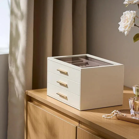 pickpiff Jewelry Box Organizer Case for Women: 3-Layer Jewelry Storage Case with Glass Window, Ivory Leather with Pink Velvet, Holder for Ring Necklace Bracelet Brooch Watch, Great Gift for Her - ModernBath