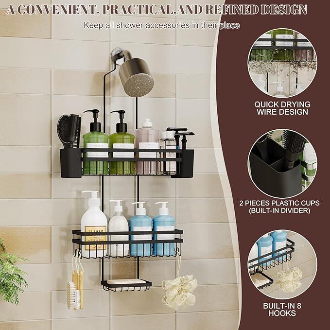 STAHLHEART Shower Caddy Hanging for Bathroom Organizers and Storage,3 Tier Adjustable Anti-Swing Shower Organizer Hanging with Heavy-Duty Suction Cups, Damage-Free Rustproof (Black) - ModernBath