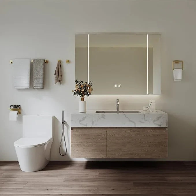 JIXB 10-Piece Brushed Gold Bathroom Accessories Set, 23.6 Inch Bathroom Hardware Set, SUS304 Stainless Steel Bath Towel Bar Set, Toilet Paper Holder with Shelf, Towel Hooks & Ring Wall Mounted - ModernBath
