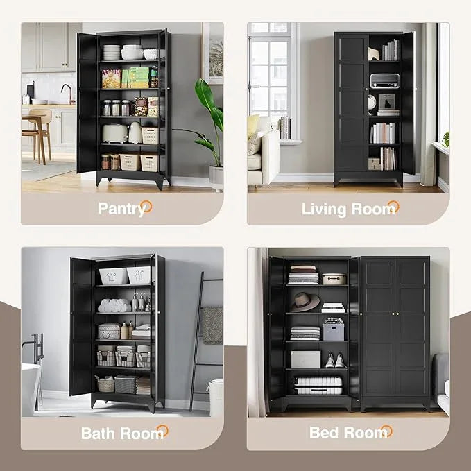 Yizosh Metal Pantry Cabinet,- 72" Black Kitchen Pantry Storage Cabinet with Doos and Adjustable Shelves for Kitchen, Living Room,Dining Room,Home - ModernBath