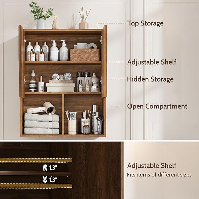 Bathroom Wall Cabinet, 24x30 Inch Small Over The Toilet Storage Cabinet, Walnut Space Saver Hanging Wall Mounted Medicine Cabinet Organizer with 2 Doors, Open Adjustable Shelf for Laundry Room Kitchen - ModernBath