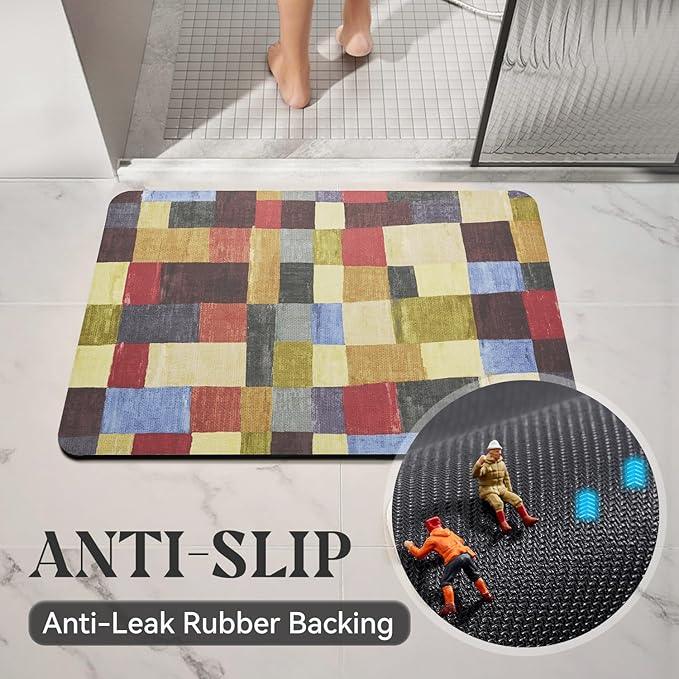 MontVoo -Bath Mat-Non Slip Thin Bathroom Rugs Fit Under Door- Quick Dry Absorbent Faux Suede Surface Grey Bathroom Floor Mats-Shower Rug for in Front of Bathtub Shower Retro Colors Plaid 17x27.5 - ModernBath