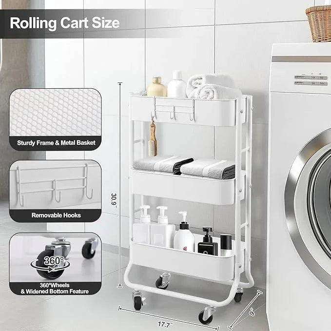 MAX Houser Slim 3-Tier Rolling Utility Cart, Narrow Metal Bathroom Storage Multifunctional Organizer Carts with Wheels with Extra Hook, Laundry Room,Kitchen,Small Space(White) - ModernBath
