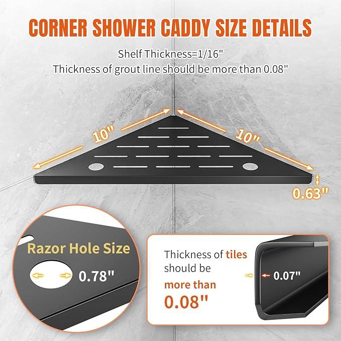 Corner Shower Shelf with Razor Hole, Modern Sturdy Shower Caddy, 10" 304 Stainless Steel Shower Organizers Bathroom Shelf for Tile Wall, No Drilling Grout Mount Shelf for Shower,Bathroom Accessories - ModernBath