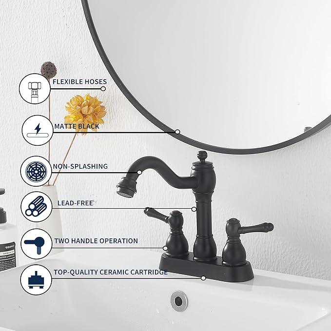 GGStudy Matte Black Bathroom Faucet 2 Handles 4 Inches Centerset RV Black Bathroom Vanity Faucet with Drain Assembly and Supply Hose Lavatory Faucet - ModernBath