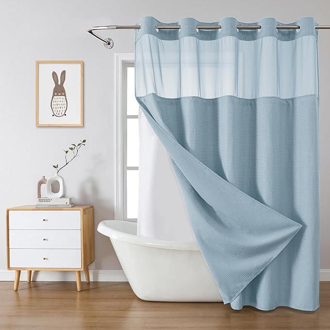 eachope Teal Extra Long No Hook Waffle Weave Shower Curtain with snap-in Liner Replacement, 230GSM Waterproof Fabric Hotel Shower Curtain Set for Bathroom, Through Mesh Top Window,71Wx86H - ModernBath