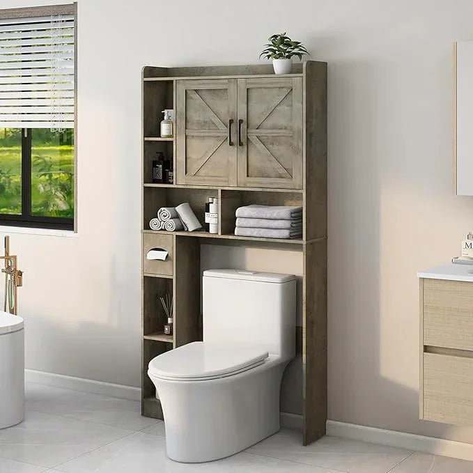 Vabches Over The Toilet Storage Cabinet, Farmhouse Storage Cabinet Over Toilet with 2 Barn Door & Toilet Paper Holder Stand，Home Space-Saving Toilet Rack, for Bathroom, Restroom, Laundry - ModernBath