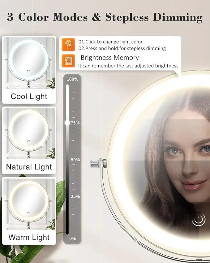 vpu 9" Wall Mounted Makeup Mirror with Light, 20X/1X Height Adjustable Double Sided Magnifying Bathroom Lighted Mirror, 3 Color Touch Dimmable Extended Arm 360 Rotation Light up Magnification Mirrors - ModernBath