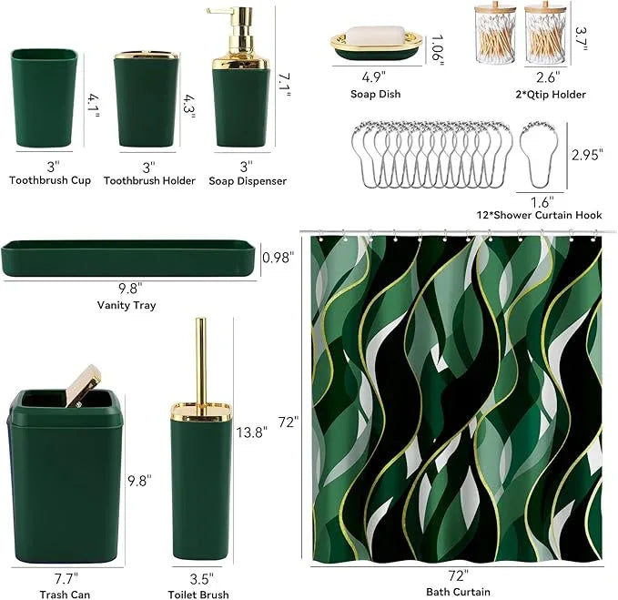 XLHOMO Green Bathroom Set, Bathroom Sets with Stripe Shower Curtain, Green and Gold Bathroom Accessories with Trash Can, Soap Dispenser, Soap Dish, Toilet Brush Holder, Qtip Holders for Bathroom - ModernBath