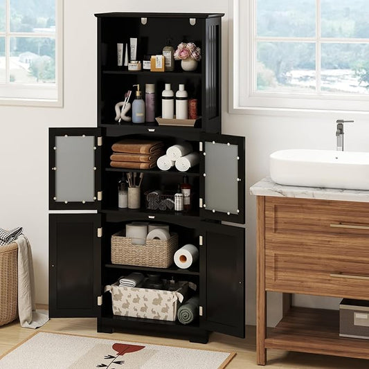 Tangkula Tall Bathroom Storage Cabinet, Freestanding Floor Cabinet w/2 Glass Doors & 2 Open Shelves, 3-Position Adjustable Shelves, Anti-toppling Design, 64” Tall Pantry Cupboard for Kitchen