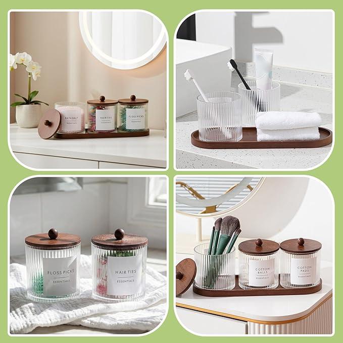 Vesici 6 Pack Bathroom Canisters Ribbed Apothecary Jars with Bamboo Lids 2 Bamboo Trays and 9 Label Stickers Cotton Swabs Holder Bathroom Organizer Storage Set Acrylic 18 oz Dispenser Container(Brown) - ModernBath