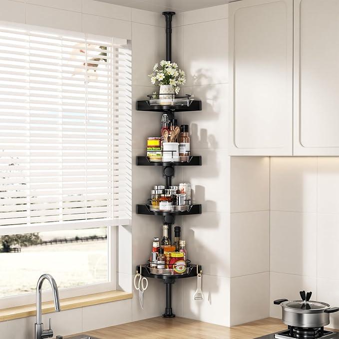 akinbas Shower Caddy Tension Pole with 4 L-Lazy Susan Organizer 360 Rotating 35-128 Inch No Drilling Floor Standing Shelves Adjustable Shower Rack for Bathroom Corner (Black) - ModernBath