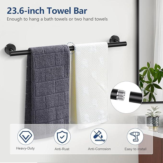 TQKAG Matte Black 5 Piece Bathroom Hardware Accessories Set 23.6" SUS304 Stainless Steel Bathroom Towel Bar Holder Sets Double Post Pivoting Toilet Paper Holder Set Wall Mounted - ModernBath