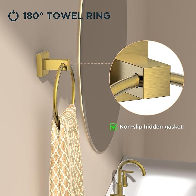 FORIOUS Toilet Paper Holder Wall Mount and Hand Towel Ring Set, SUS 304 Stainless Steel Double Post Pivoting Tissue Roll Holder, Modern Bathroom Hardware Accessories Set, Brushed Gold - ModernBath