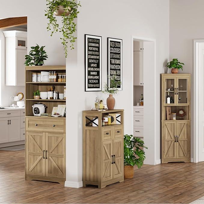 Natural Storage Cabinet with Doors and Shelves, Standing Kitchen Pantry Cabinet, Floor Storage Hutch Cupboard, Coffee Bar Station for Dining, Living Room, Home Office - ModernBath