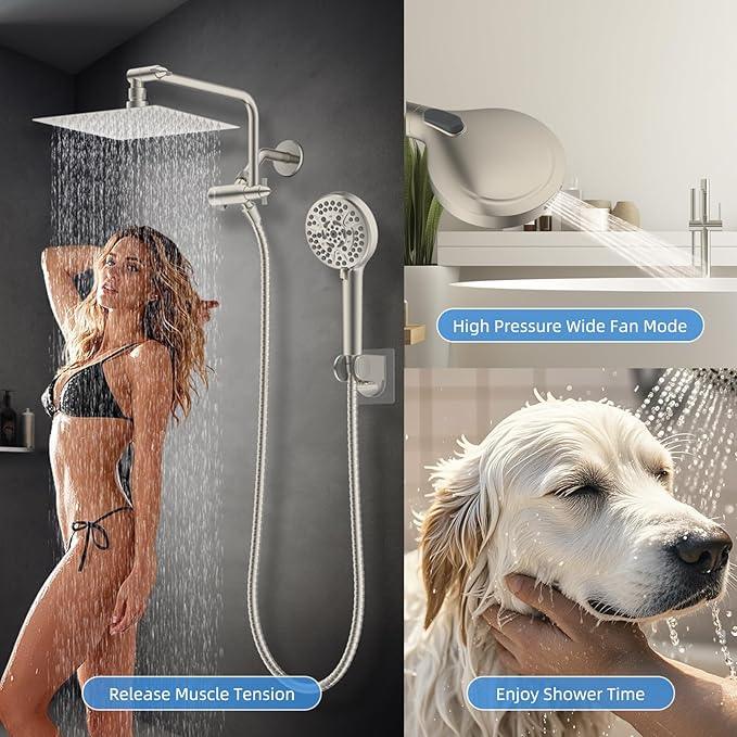 All Metal Shower Head, 8" High Pressure Rainfall/Handheld Shower Combo with 11" Extension Arm, 10-Spray Handheld Showerhead, 71" Long Hose, 3-Way Diverter Valve, Brushed Nickel - ModernBath