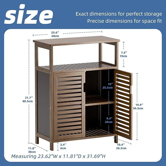 HITNET Walnut Bathroom Floor Cabinet, Bamboo Side Tall Storage Organizer, Freestanding Kitchen Cupboard with Door and Shelf - ModernBath