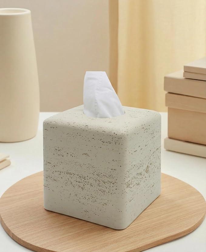 Huitony Travertine Tissue Box Cover Square Decorative Stone Klenex Box Holder for Bathroom & Living Room with Handcrafted Texture (Light Beige) - ModernBath