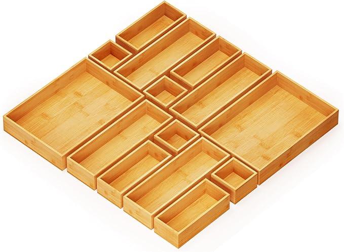 SpaceAid 14-Piece Bamboo Drawer Organizer Storage Boxes Set, Wood Tray Junk Drawer Organizers Multi-Use Divider Bins for Kitchen, Bathroom, Office Desk and Makeup Organization (14 Pack, Natural) - ModernBath