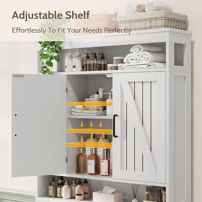 Over The Toilet Storage Cabinet with 2 Barn Doors & Built-in Toilet Paper Holder, Farmhouse Space-Saving Organizer for Bathrooms and Laundry Room, White - ModernBath