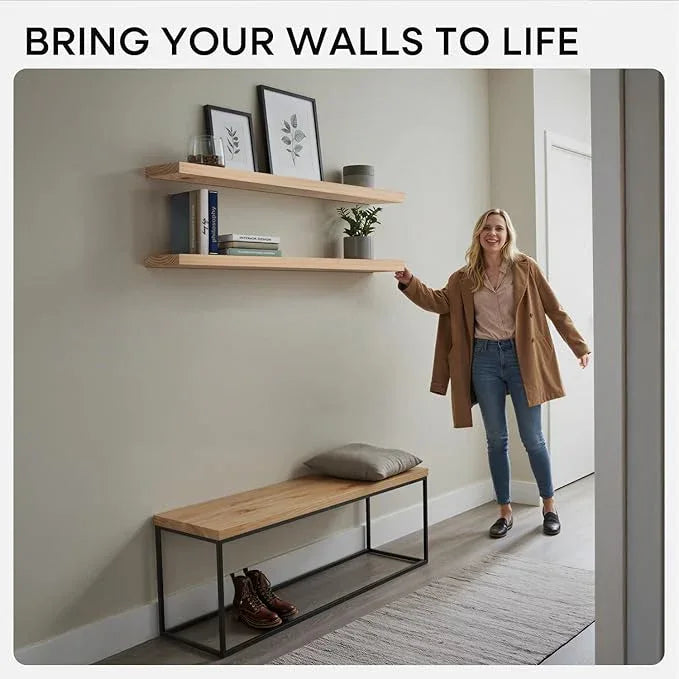 Homeforia 60 inch Natural Floating Shelf, High End Solid Real Wood 60inch Small Floating Shelves for Wall Mounted, Natural Wooden Floating Shelves, Heavy Duty Bracket, 60 X 6.5 X 1.75 in, Set of 3 - ModernBath