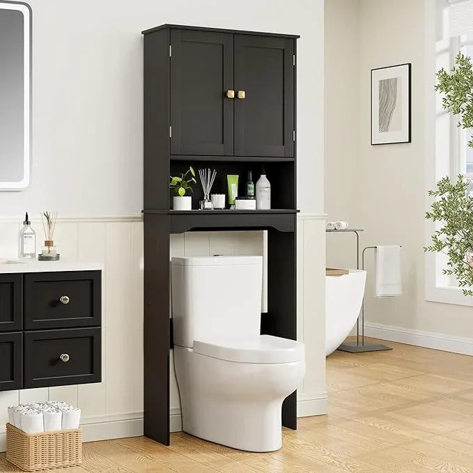 RRX Bathroom Over The Toilet Storage Cabinet, Above Toilet Cabinets Organizer, 24.8" L x 9.1 "W x 65.7 "H Free Standing Toilet Rack with Adjustable Shelf and Open Storage(Black) - ModernBath