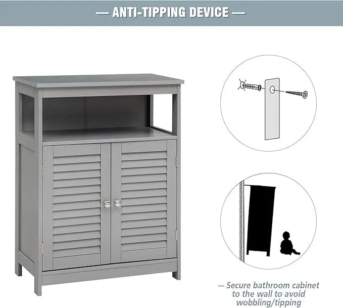 Tangkula Bathroom Floor Cabinet, Wooden Freestanding Storage Cabinet with Double Shutter Door & Adjustable Shelf, Storage Cabinet for Bathroom Living Room (Grey) - ModernBath