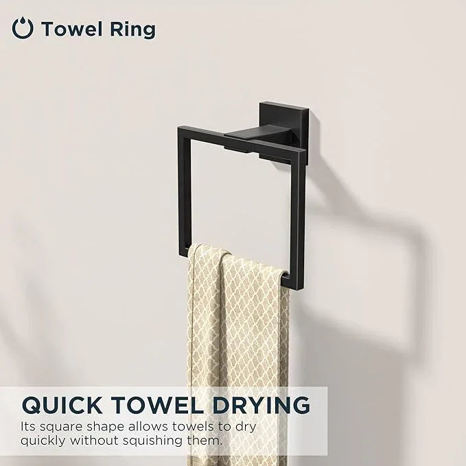 FORIOUS Toilet Paper Holder Set Wall Mount, SUS 304 Stainless Steel Pivoting Toilet Paper Holder and Towel Ring, Hand Towel Holder Set for Bathroom, Square Bathroom Hardware Set, Matte Black - ModernBath