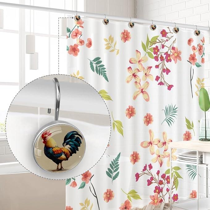 Modern Rooster Shower Curtain Hooks Rings, Stainless Steel Rust Proof Shower Curtain Hooks, Decorative Shower Hooks for Bathroom Shower Rods Curtains, Set of 12 - ModernBath