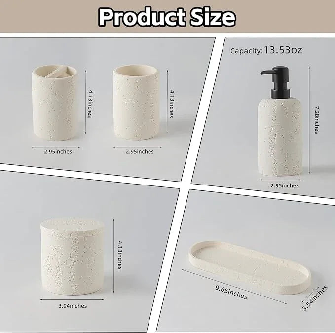 WUUAHOME Bathroom Accessories Set, Travertine Stone-Look, 6 PCS Bathroom Accessory Set with Soap Dispenser, Toothbrush Holder, Tumbler, Vanity Tray, Cotton Swab Jars for Countertop (Off White 6 PCS) - ModernBath