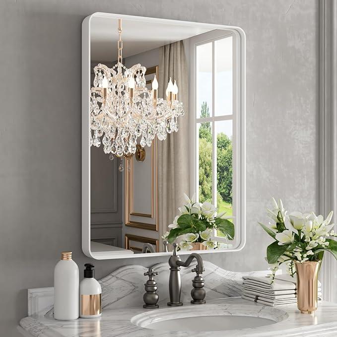 WEER White Bathroom Mirror 22X30 Inch, Rounded Rectangle White Metal Frame Mirror, Matte White Bathroom Vanity Mirror with Tempered Glass, Anti-Rust, Hangs Horizontally or Vertically - ModernBath