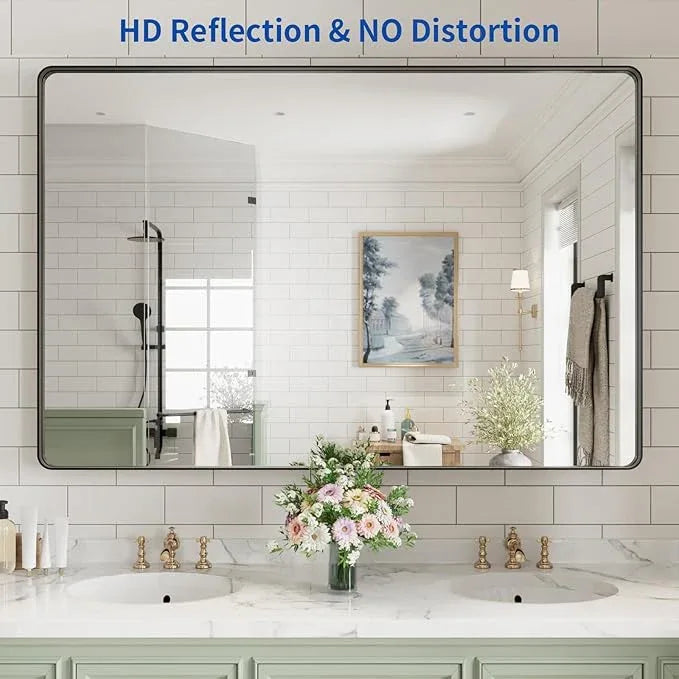 WEER Black Bathroom Mirror for Wall, 60X40 Inch Matte Black Mirror, Rectangular Black Metal Framed Vanity Mirror with Tempered Glass, Rounded Corner, Anti-Rust (Horizontal/Vertical) - ModernBath