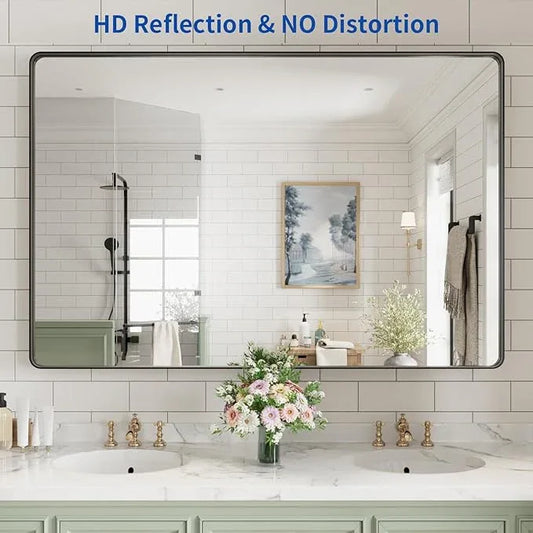 WEER Black Bathroom Mirror for Wall, 60X40 Inch Matte Black Mirror, Rectangular Black Metal Framed Vanity Mirror with Tempered Glass, Rounded Corner, Anti-Rust (Horizontal/Vertical) - ModernBath