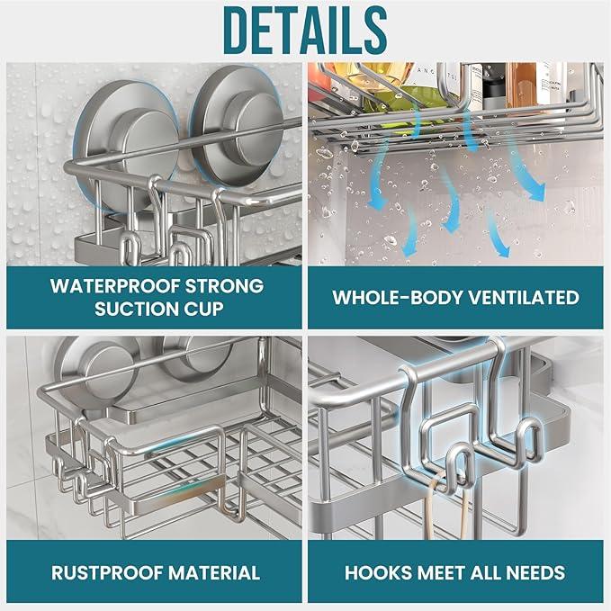 TAILI Corner-adaptive Suction Cup Shower Caddy 2 Pack, Stainless Steel Rustproof Corner Shower Shelves, Drill-Free Wall Mounted Baskets, Large Capacity, Removable Suction Cup Bathroom Organizer, Gray - ModernBath